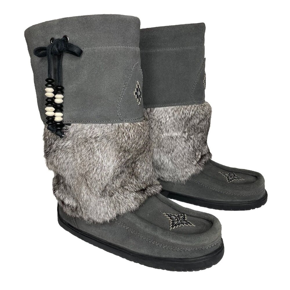 MANITOBAH MUKLUKS Waterproof Snowy Owl Fur Boot Sz 8 Gray Beaded Moccasin Boots